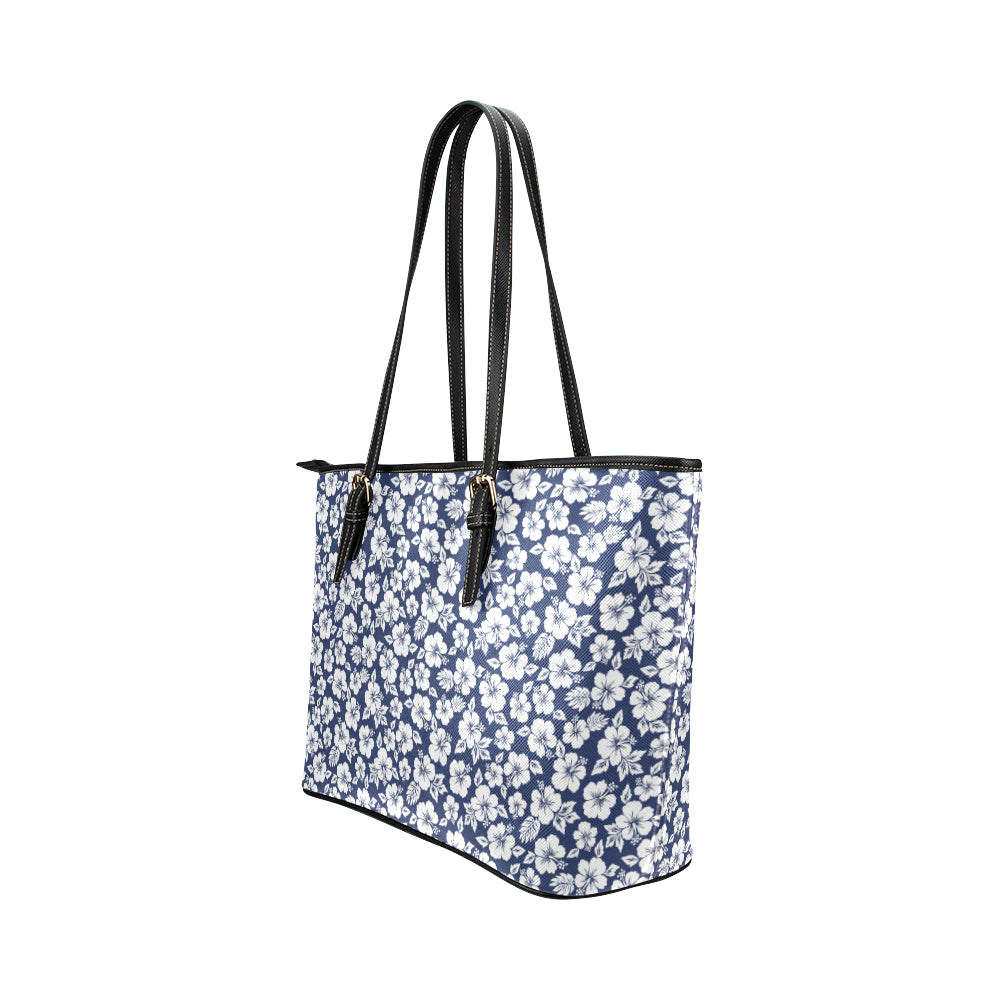 Hibiscus Blue Hawaiian Flower Style Leather Tote Bag