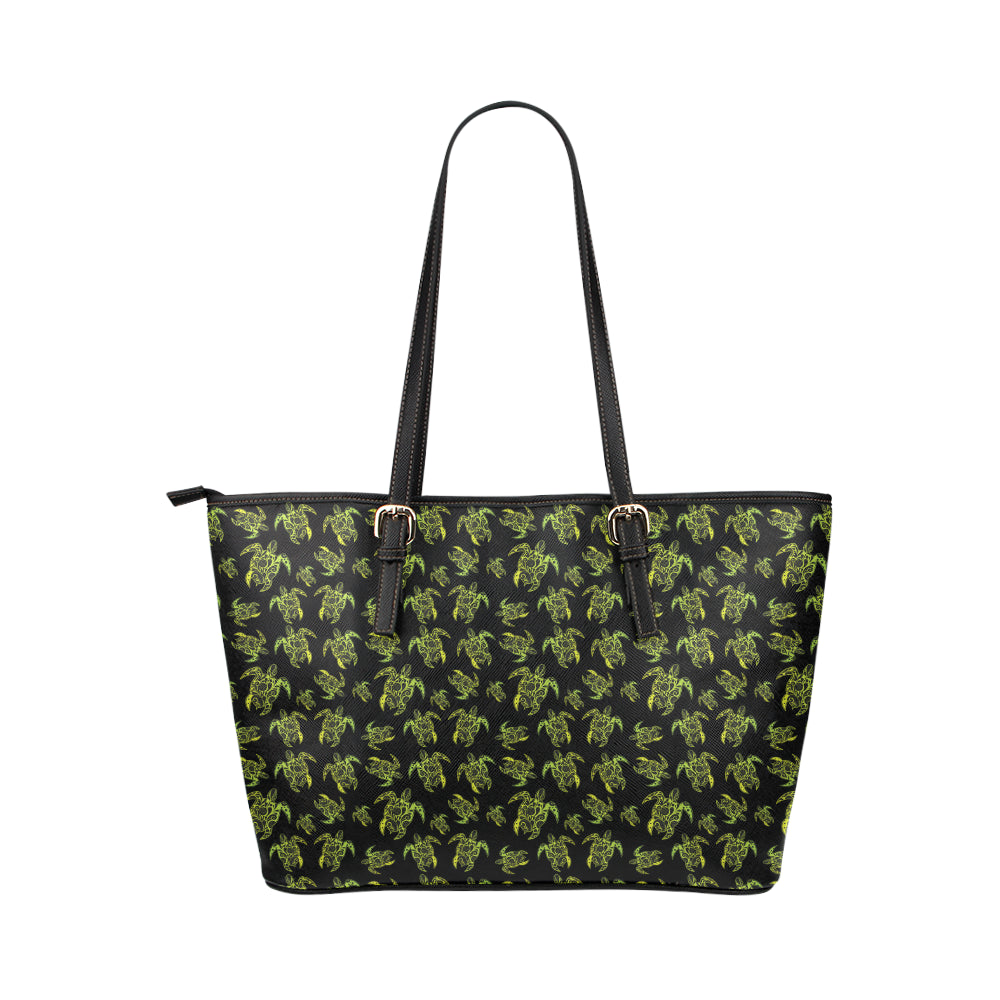 Green Tribal Turtle Polynesian Themed Leather Tote Bag