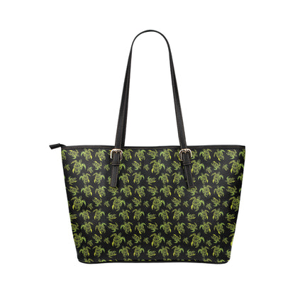 Green Tribal Turtle Polynesian Themed Leather Tote Bag