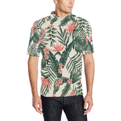 Tropical Flower Palm Leaves Men Polo Shirt