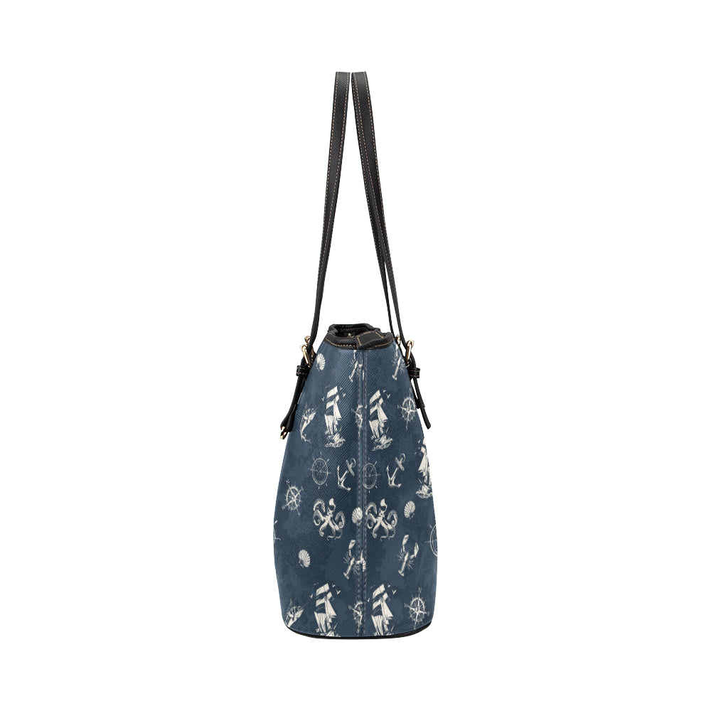 Nautical Sea Themed Print Leather Tote Bag