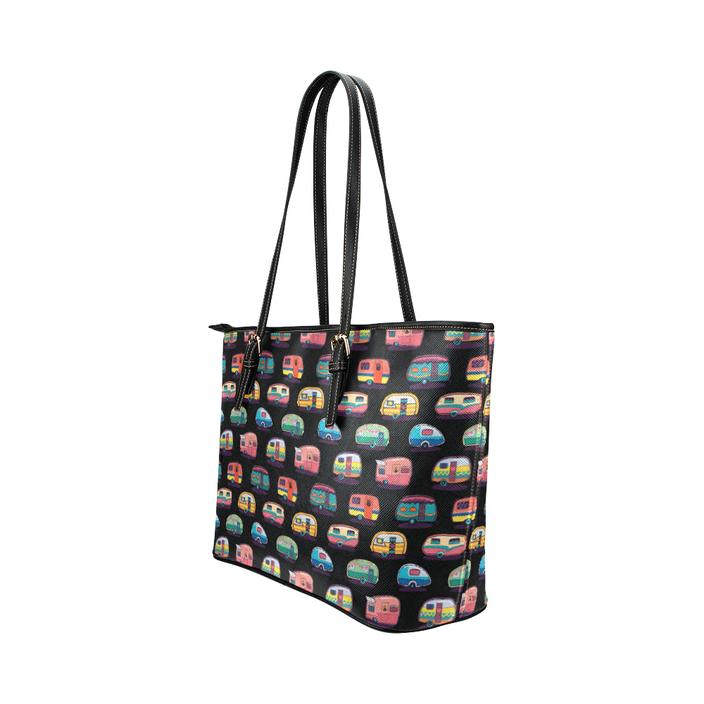 Camper Camping Pattern Leather Tote Bag