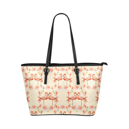 Flamingo Hibiscus Print Pattern Leather Tote Bag