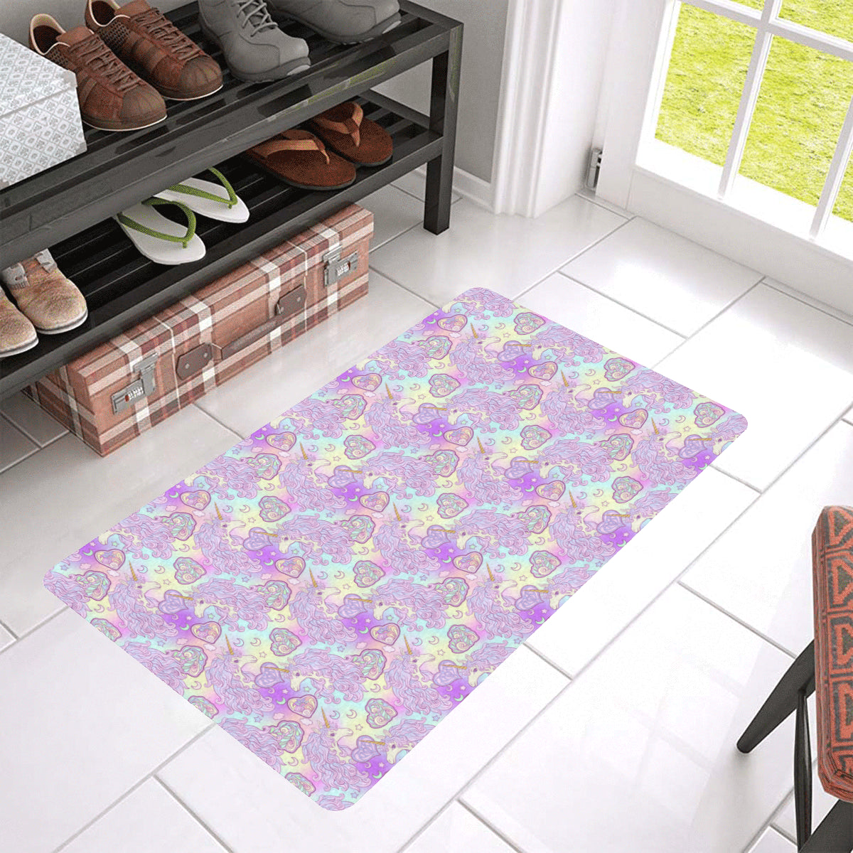 Unicorn Rainbow Star Heart Print Rubber Doormat