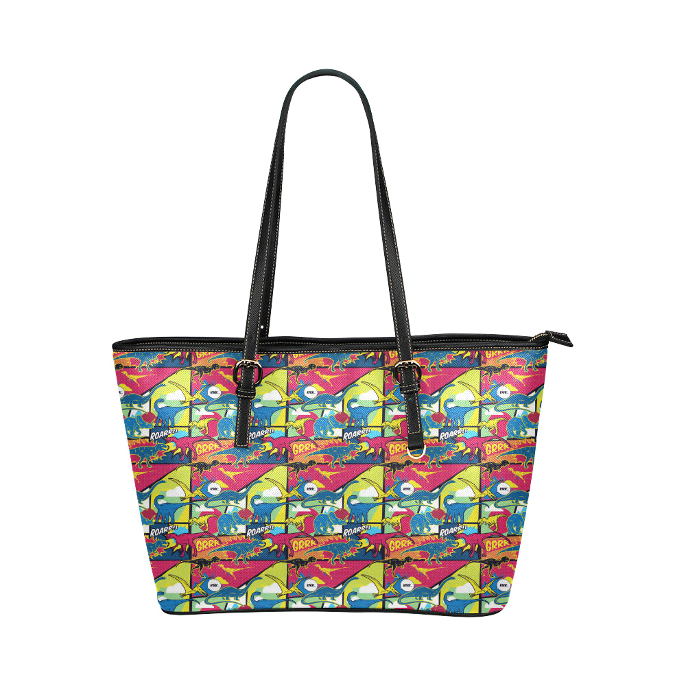 Dinosaur Comic Pop Art Style Leather Tote Bag