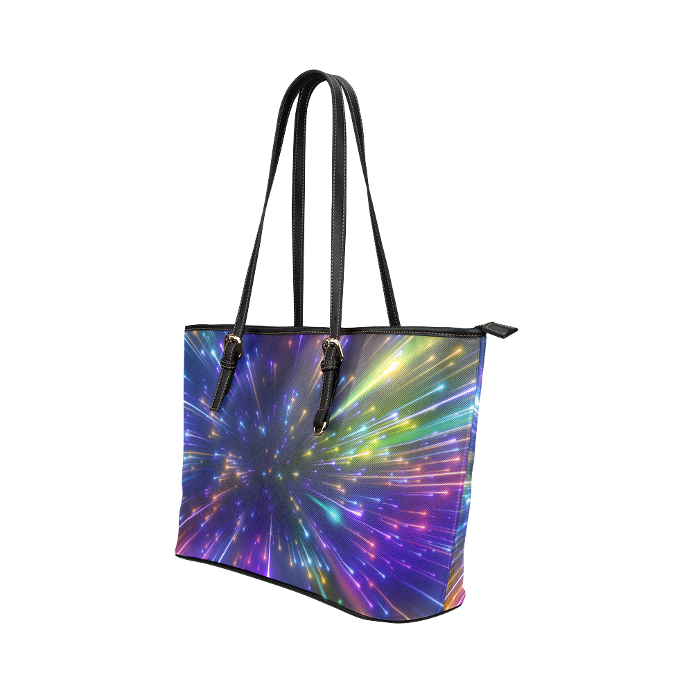 Celestial Rainbow Speed Light Leather Tote Bag