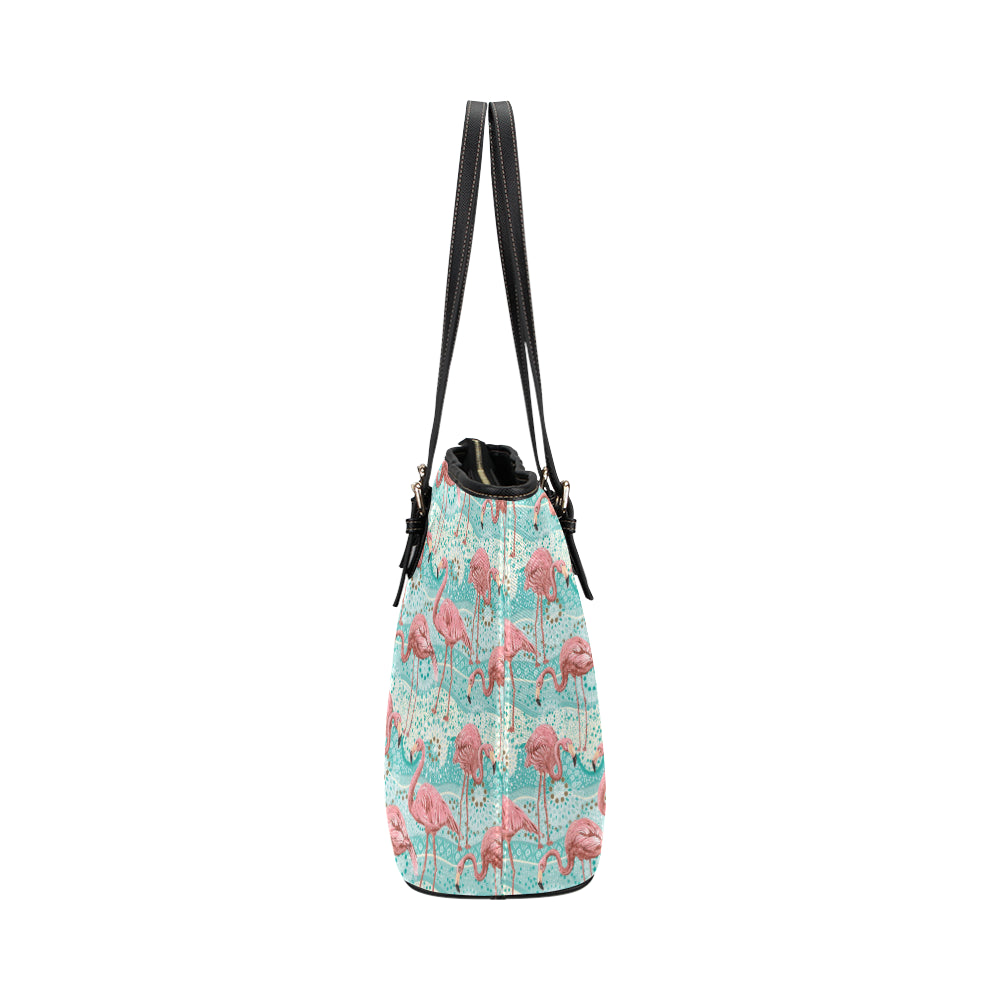 Flamingo Background Themed Print Leather Tote Bag