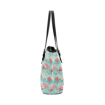 Flamingo Background Themed Print Leather Tote Bag