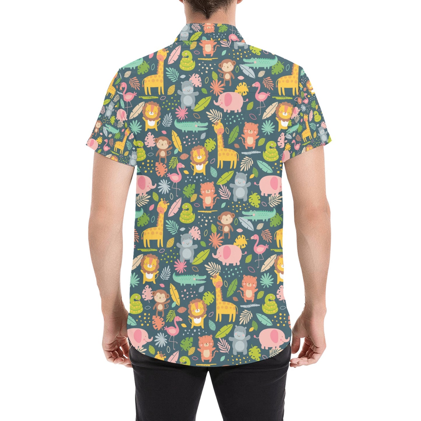 Safari Animal Cartoon Print Design LKS305 Men Short Sleeve Button Up Shirt