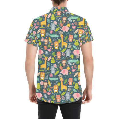 Safari Animal Cartoon Print Design LKS305 Men Short Sleeve Button Up Shirt
