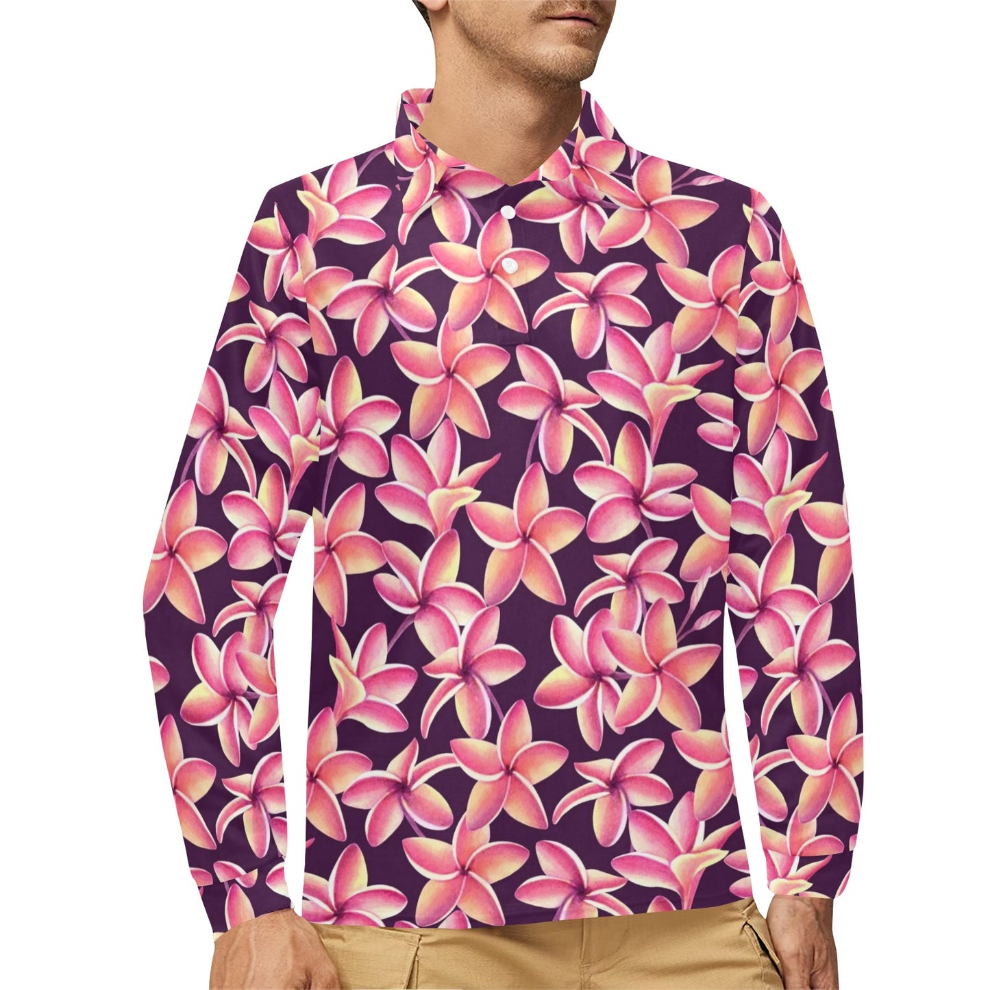 Purple Plumeria Pattern Print Design PM010 Long Sleeve Polo Shirt For Men's