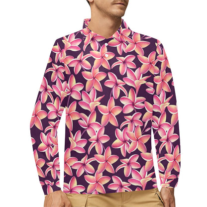 Purple Plumeria Pattern Print Design PM010 Long Sleeve Polo Shirt For Men's