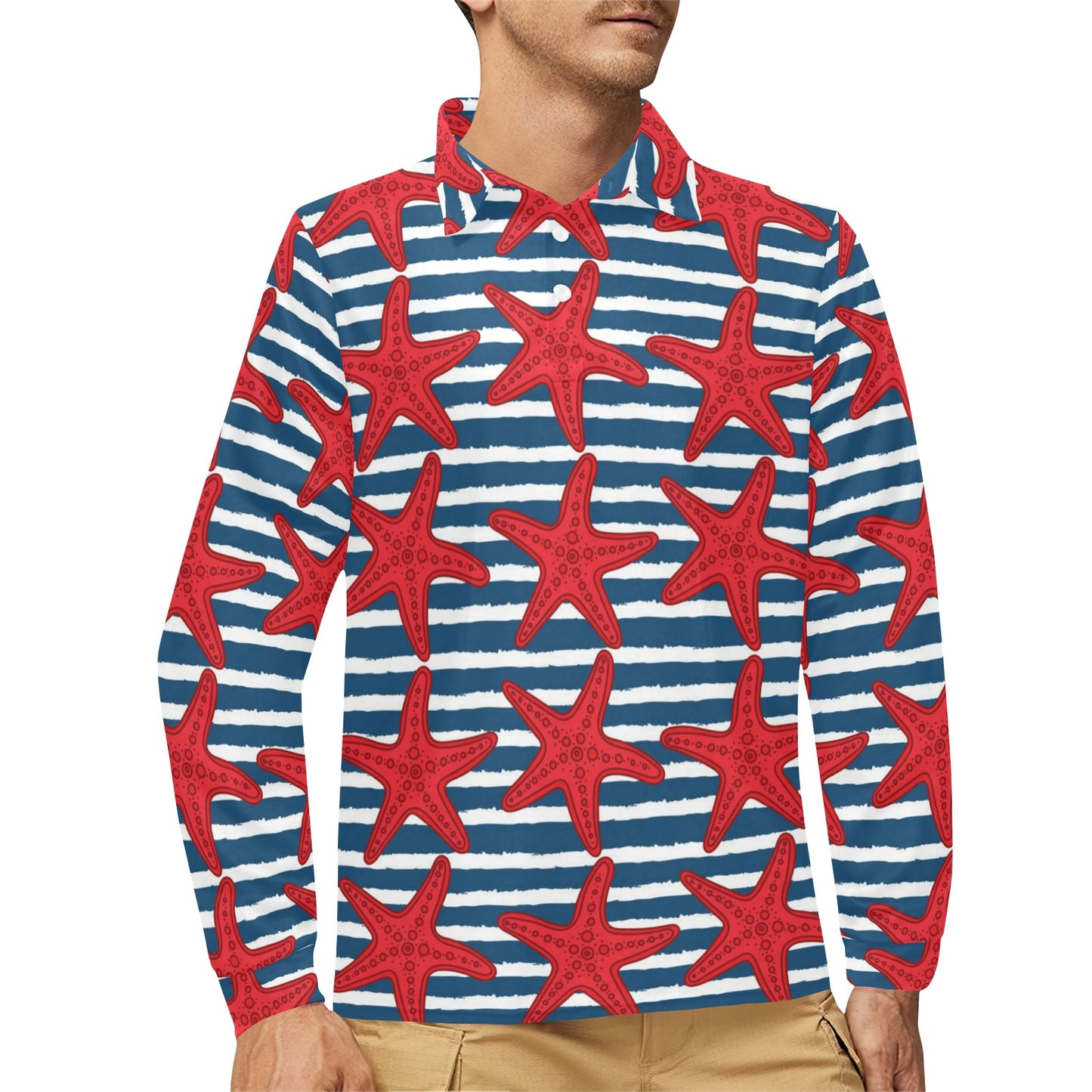 Starfish Red Pattern Print Design 02 Long Sleeve Polo Shirt For Men's