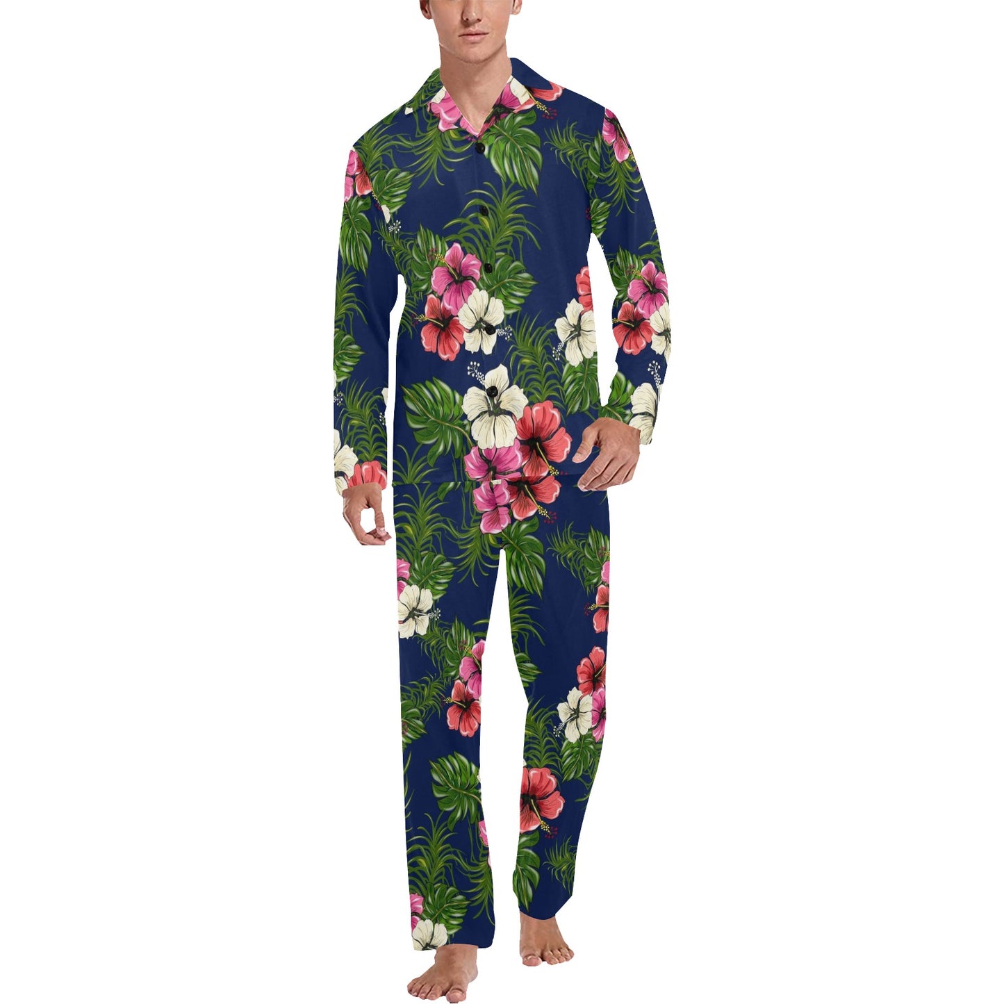 Hibiscus Pattern Print Design HB028 Men's Long Pajama Set