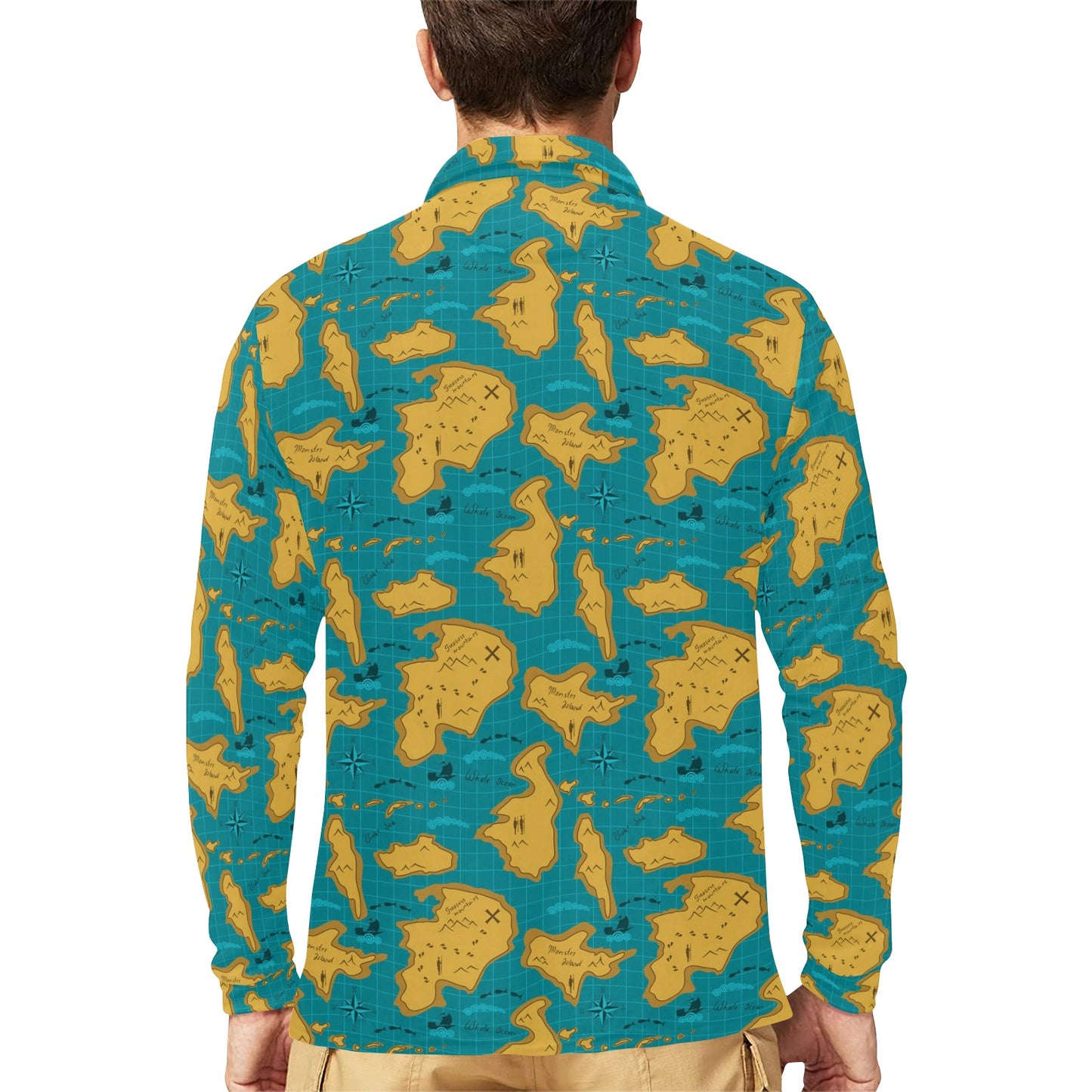World Map Print Design LKS301 Long Sleeve Polo Shirt For Men's