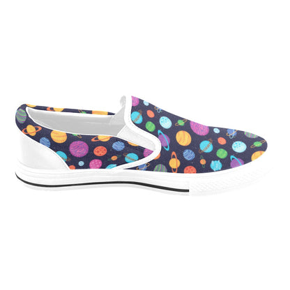 Planet Multicolor Print Design LKS302 White Slip Ons Canvas Women's Shoes