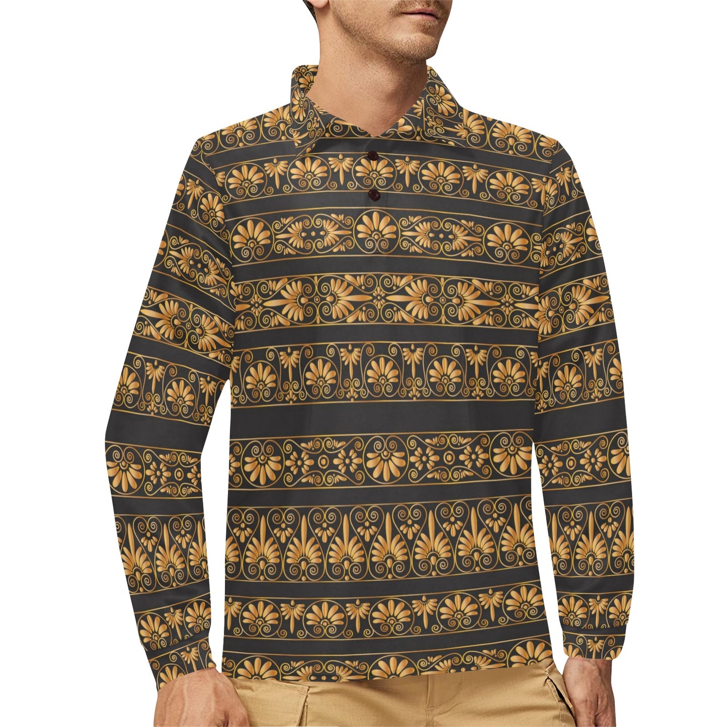Ancient Greek Print Design LKS303 Long Sleeve Polo Shirt For Men's