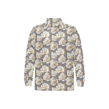 Elegant Grey Flower Print Long Sleeve Polo Shirt For Men's