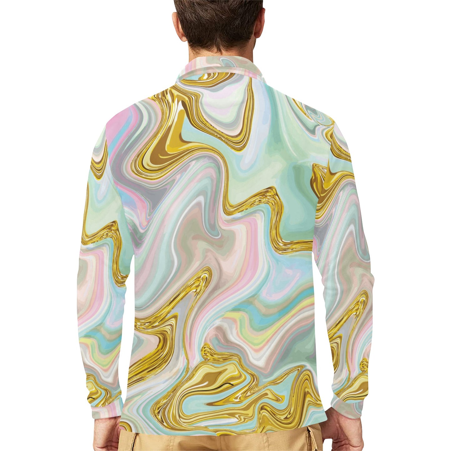 Gold Sweet Marble Long Sleeve Polo Shirt For Men's