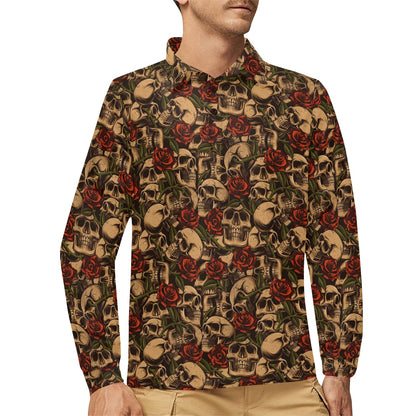 Skull Roses Vintage Design Themed Print Long Sleeve Polo Shirt For Men's