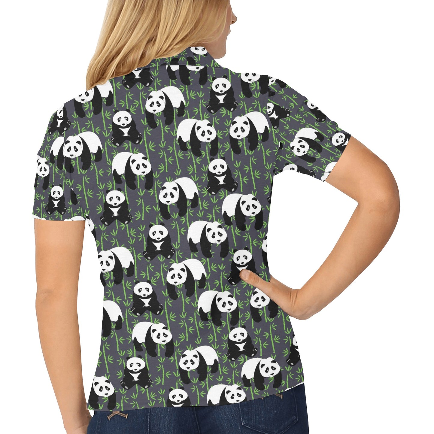 Panda Bear Bamboo Themed Print Women's Polo Shirt