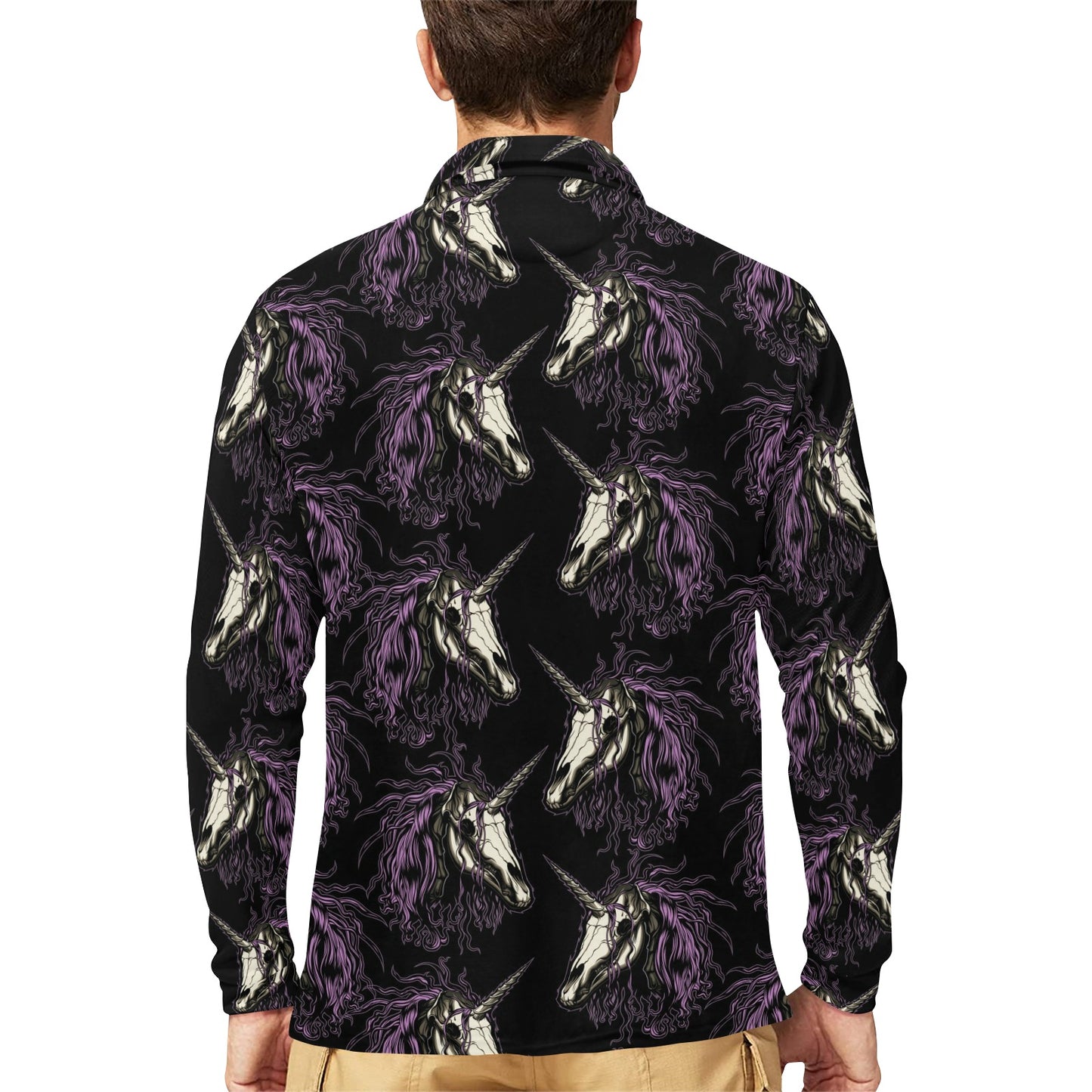 Unicorn Skull head Long Sleeve Polo Shirt For Men's
