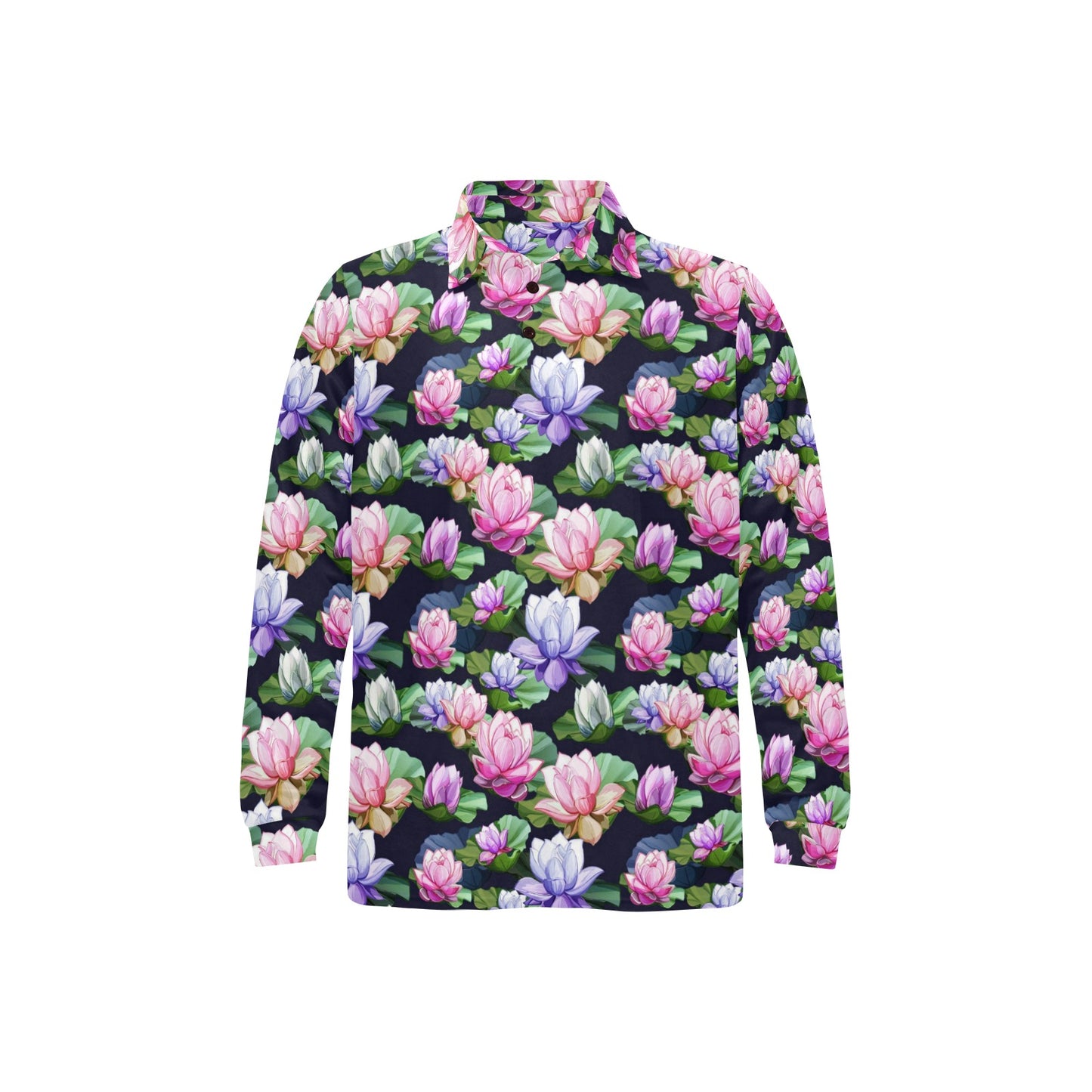 Lotus Flower Print Design Long Sleeve Polo Shirt For Men's