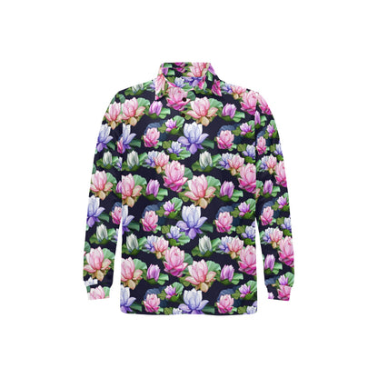 Lotus Flower Print Design Long Sleeve Polo Shirt For Men's