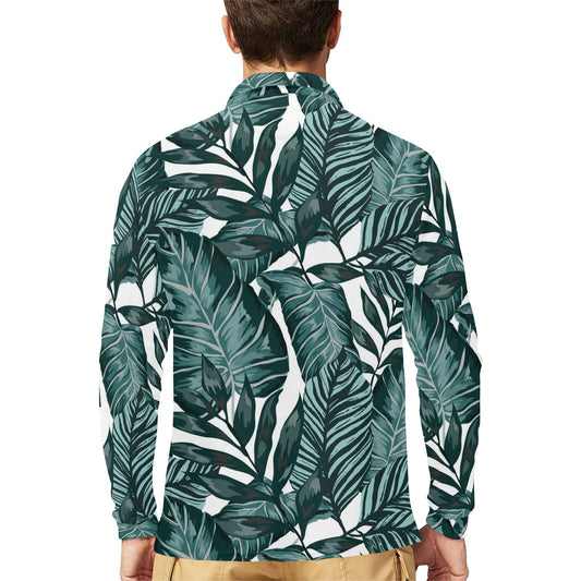 Tropical Palm Leaves Pattern Long Sleeve Polo Shirt For Men's