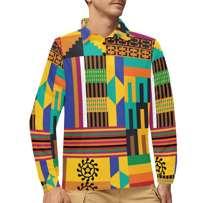 Kente Pattern Print Design 03 Long Sleeve Polo Shirt For Men's
