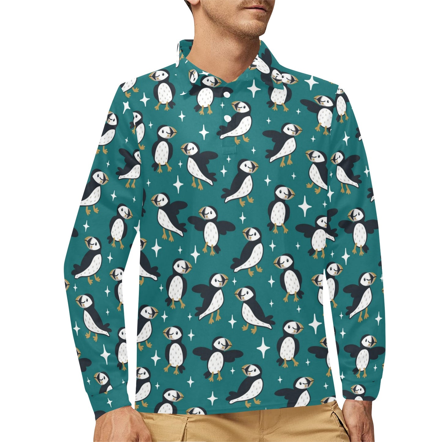 Puffin Pattern Print Design A05 Long Sleeve Polo Shirt For Men's