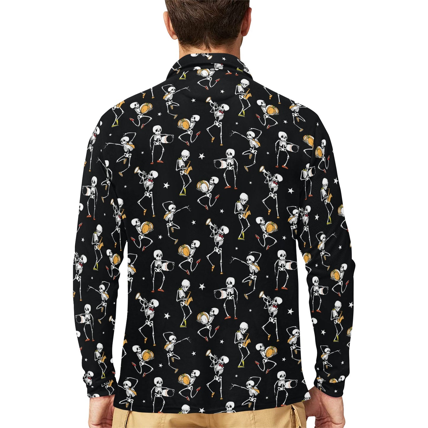 Skeleton Dance Print Long Sleeve Polo Shirt For Men's