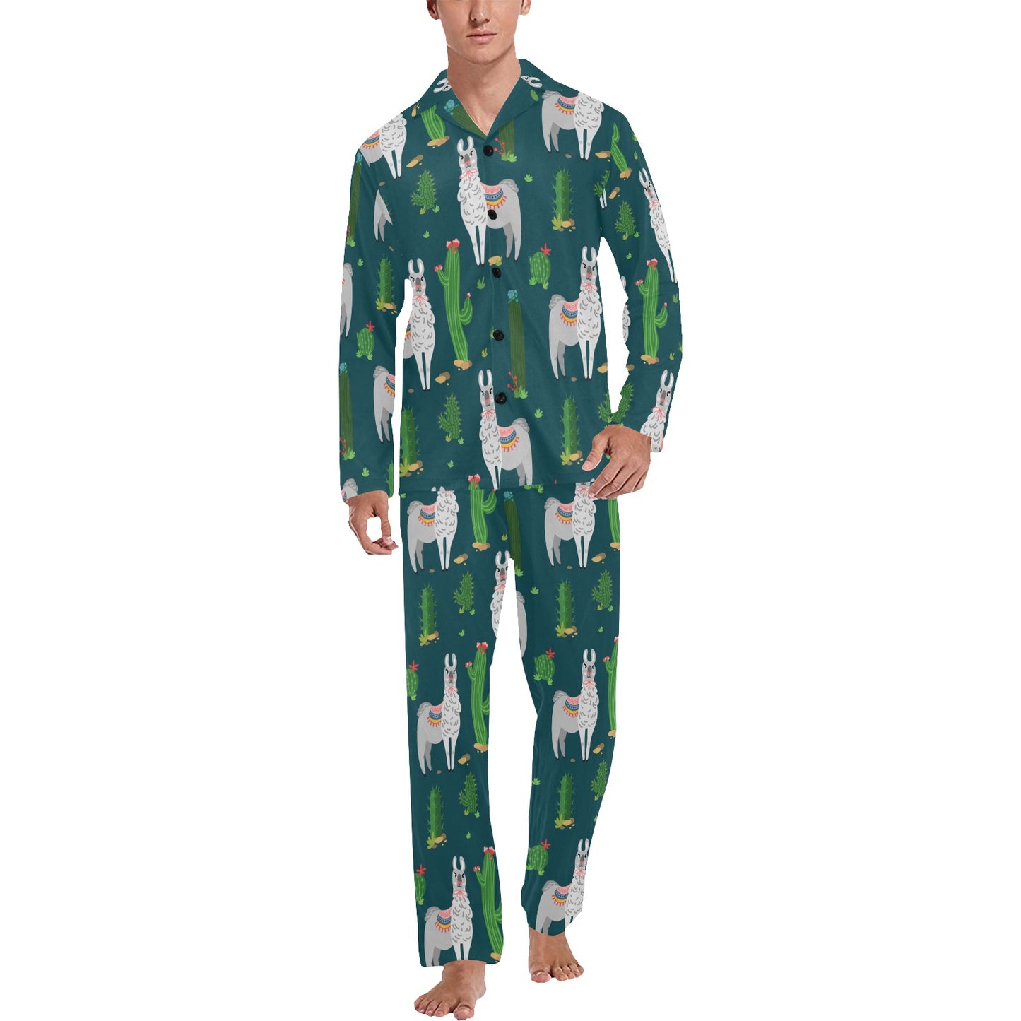 Llama Cactus Pattern Print Design 013 Men's Long Pajama Set