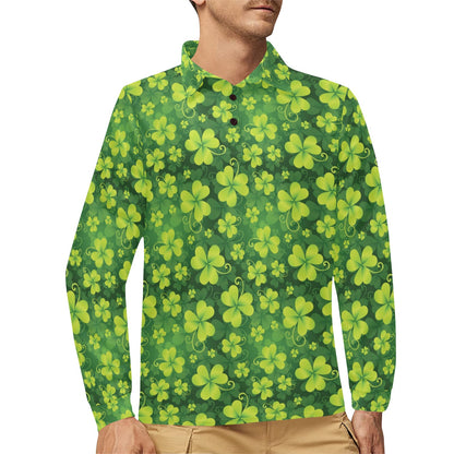Shamrock Clover Print Long Sleeve Polo Shirt For Men's