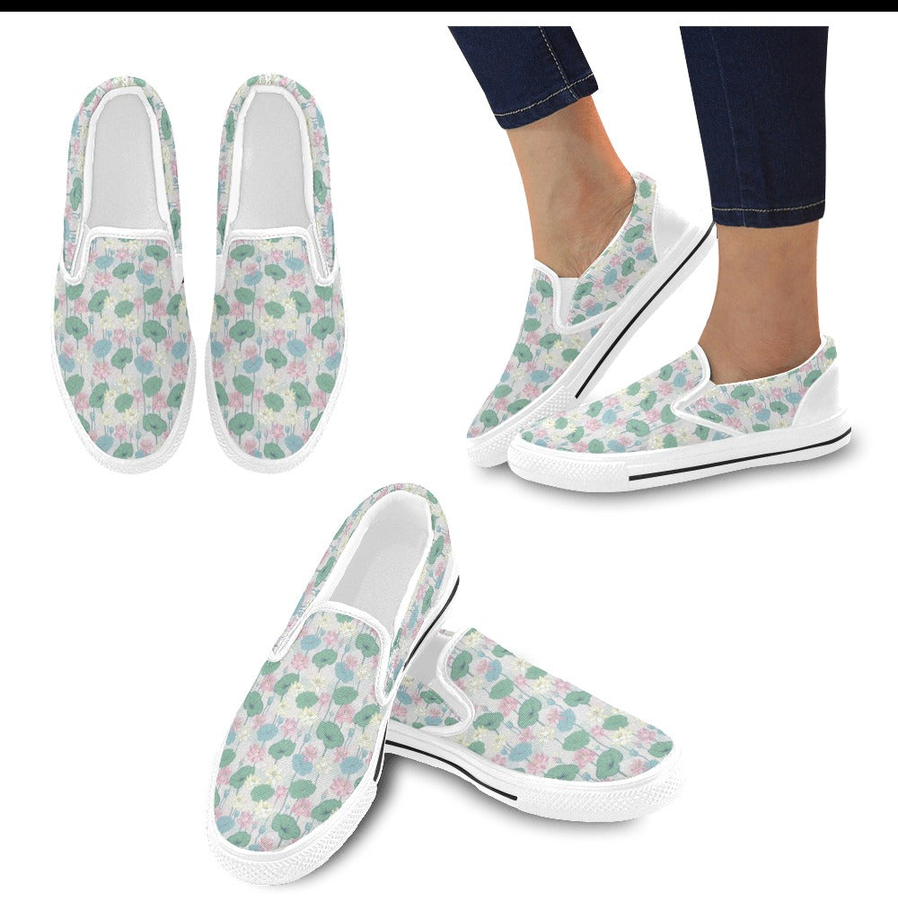 Water Lily Print Design LKS305 White Slip Ons Canvas Women's Shoes