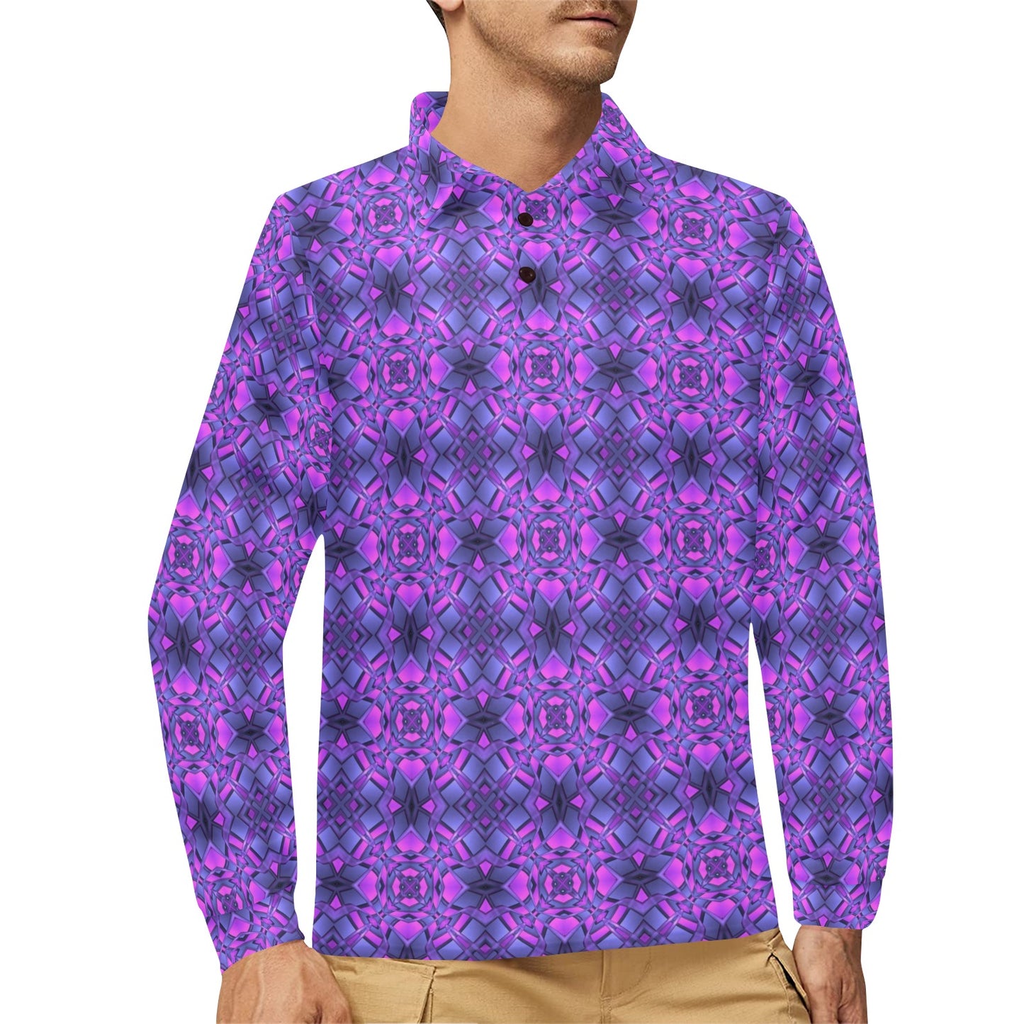 kaleidoscope Pattern Print Design Long Sleeve Polo Shirt For Men's