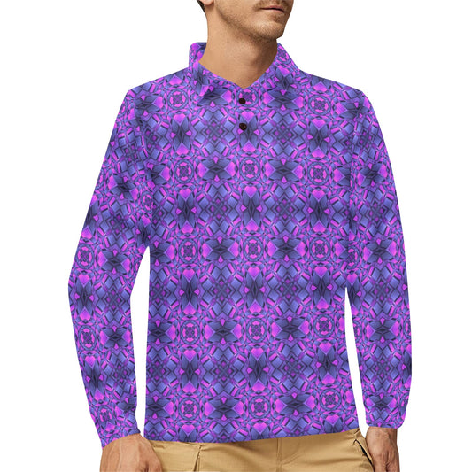 kaleidoscope Pattern Print Design Long Sleeve Polo Shirt For Men's