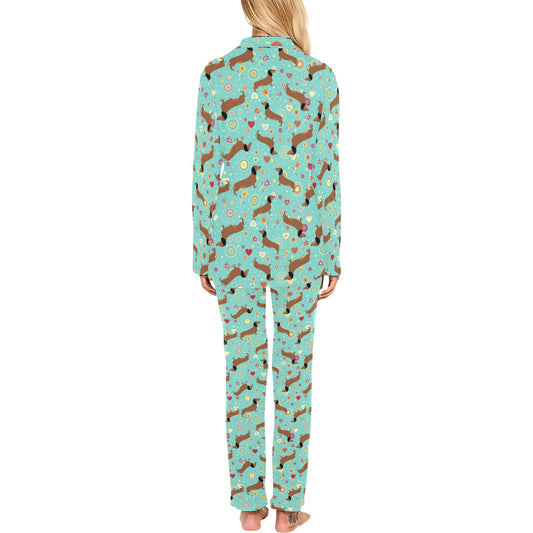 Dachshund with Floral Print Pattern Women's Long Pajama Set
