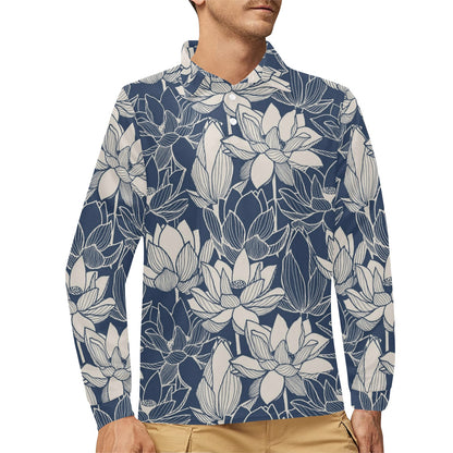 Water Lily Pattern Print Design WL04 Long Sleeve Polo Shirt For Men's