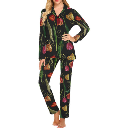 Tulip Embroidered Pattern Print Design TP01 Women's Long Pajama Set