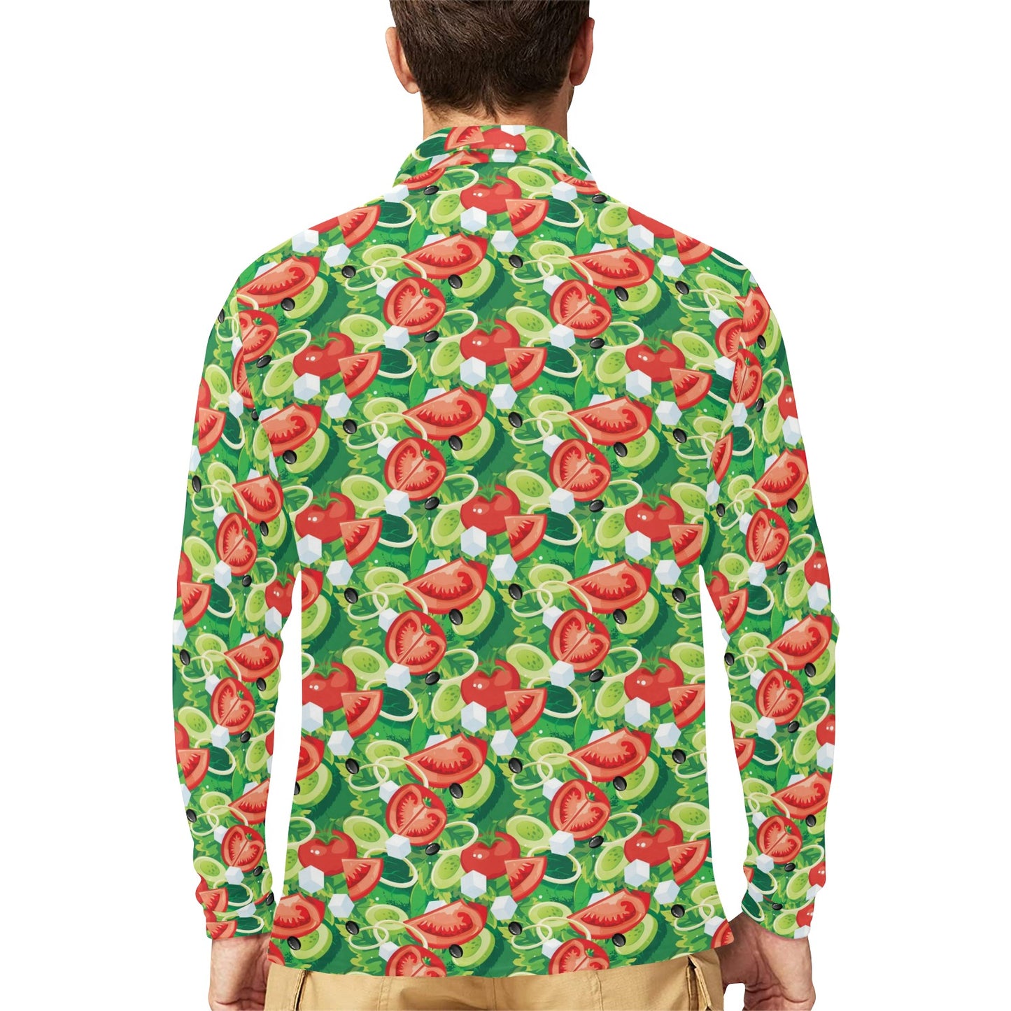 Vegan Salad Themed Design Print Long Sleeve Polo Shirt For Men's