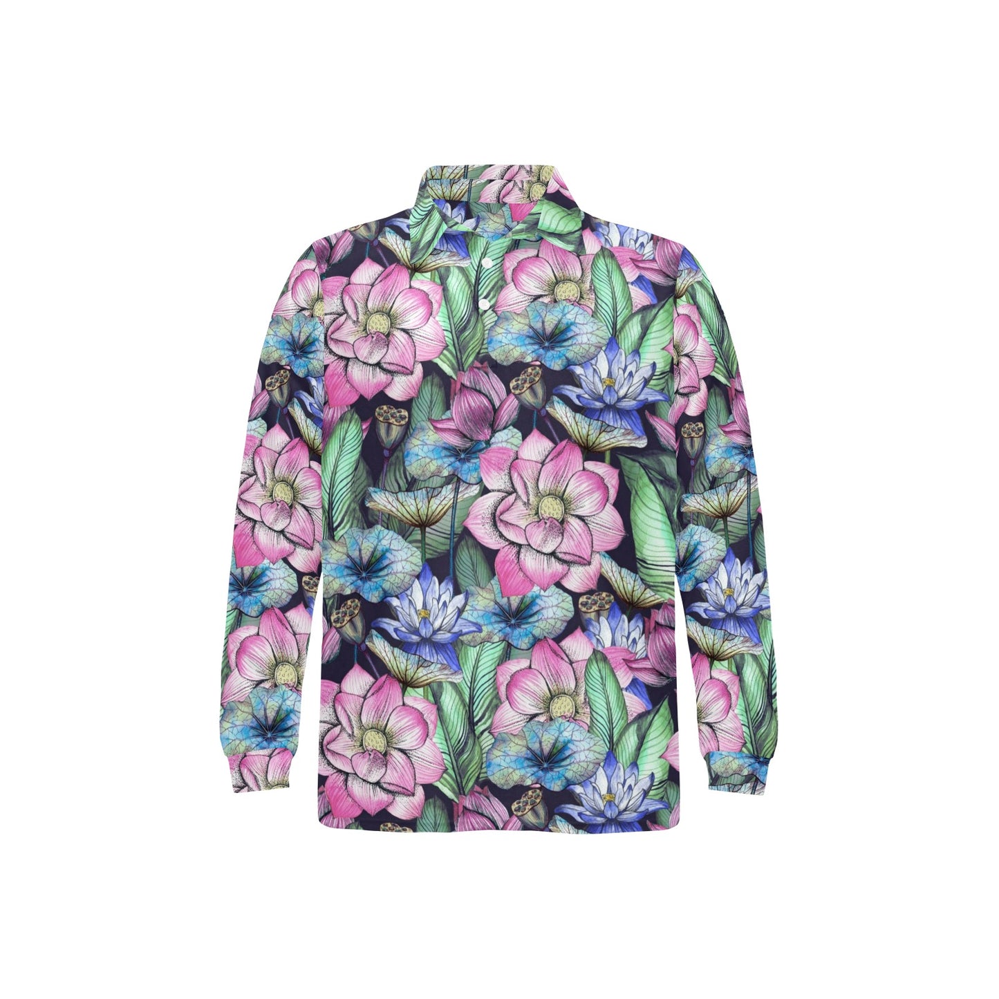 Water Lily Pattern Print Design WL07 Long Sleeve Polo Shirt For Men's