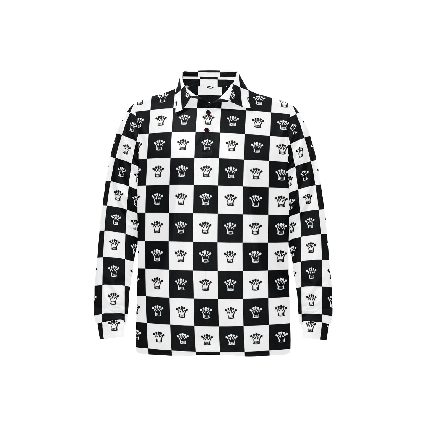 Checkered Flag Crown Pattern Long Sleeve Polo Shirt For Men's