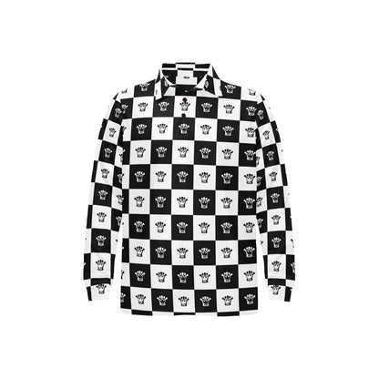 Checkered Flag Crown Pattern Long Sleeve Polo Shirt For Men's