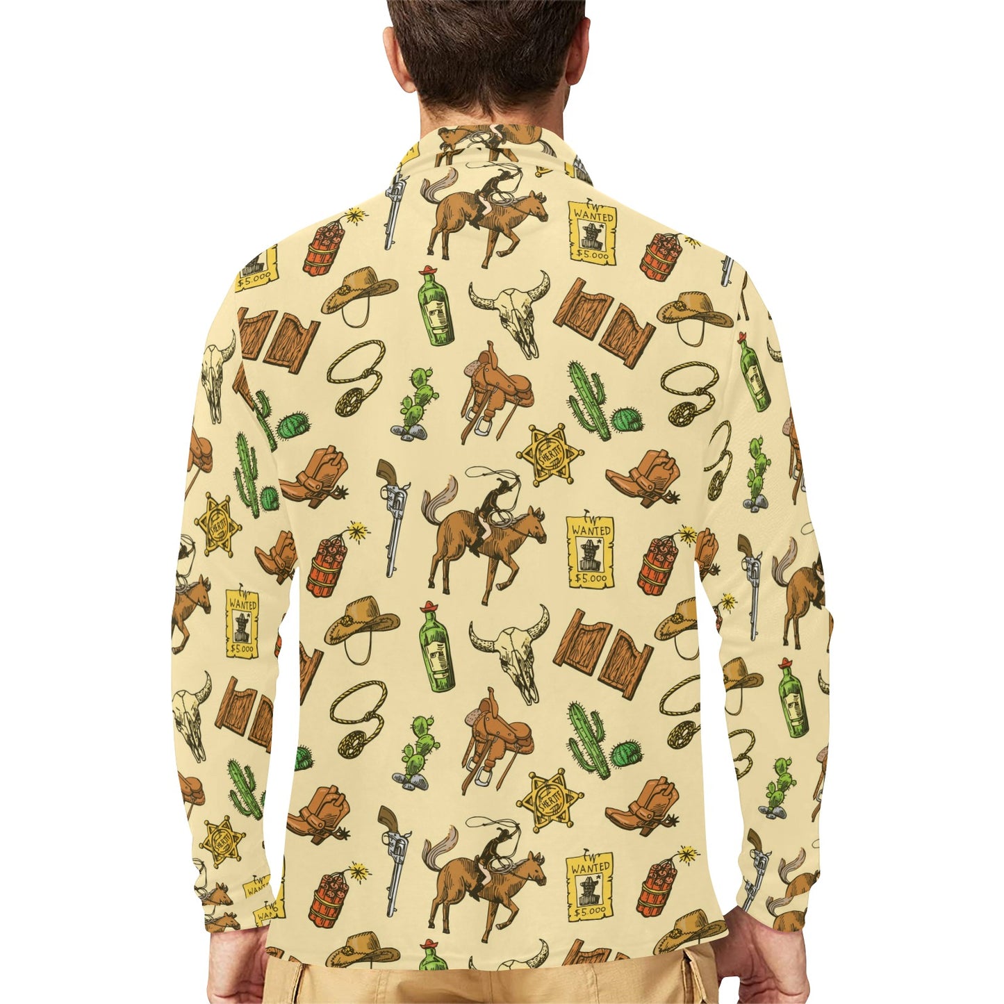 Cowboy Pattern Print Design 04 Long Sleeve Polo Shirt For Men's
