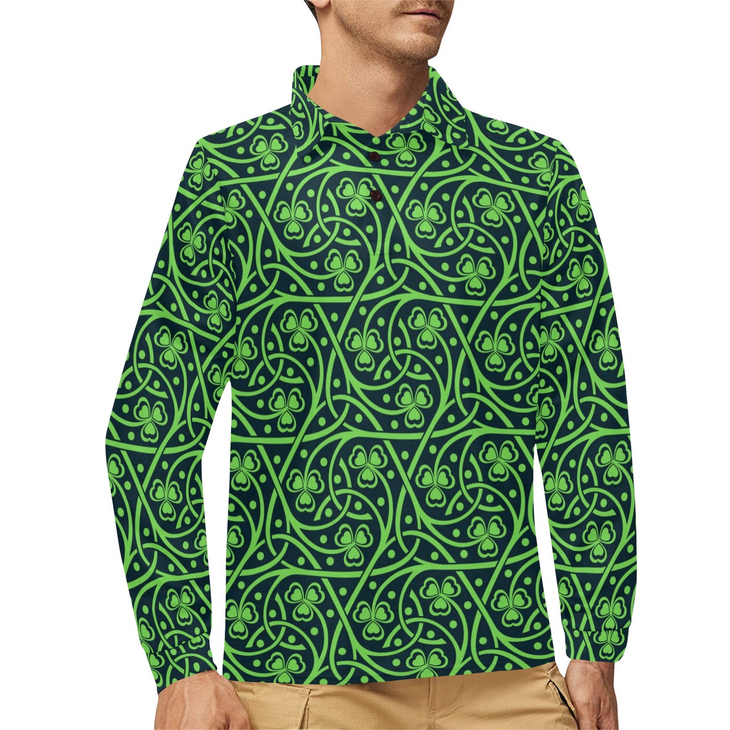 Shamrock Themed Print Long Sleeve Polo Shirt For Men's