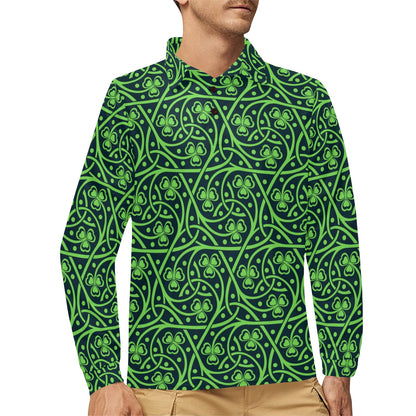 Shamrock Themed Print Long Sleeve Polo Shirt For Men's