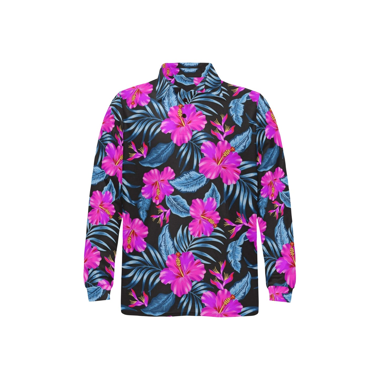 Neon Pink Hibiscus Pattern Print Design HB015 Long Sleeve Polo Shirt For Men's
