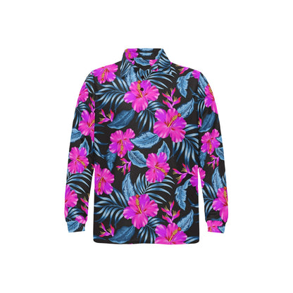 Neon Pink Hibiscus Pattern Print Design HB015 Long Sleeve Polo Shirt For Men's
