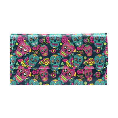 Sugar Skull Floral Design Themed Print Women's Trifold Wallet